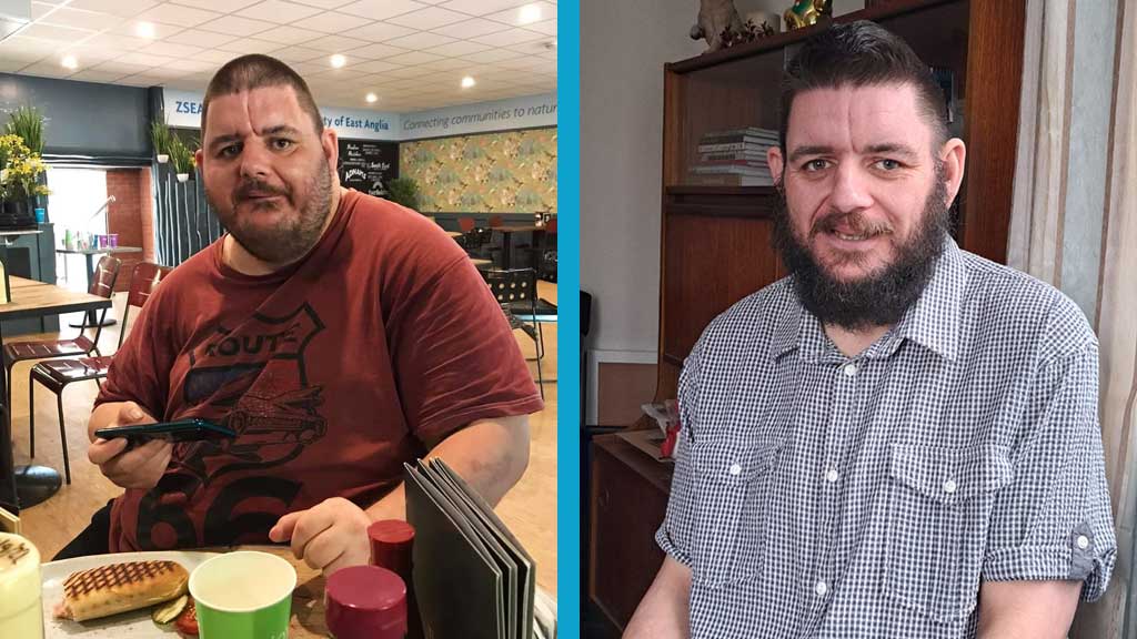 Two photos sat side by side of the same man before and after significant weight loss