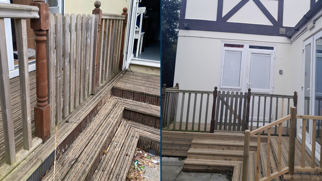 Two images side by side showing decking outside a house before and after refurbishment