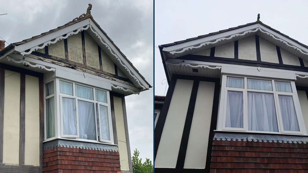 Two images side by side showing the exterior of a property before and after refurbishment