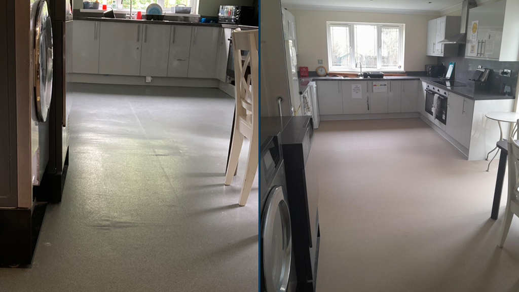 Two images side by side showing a kitchen before and after refurbishment