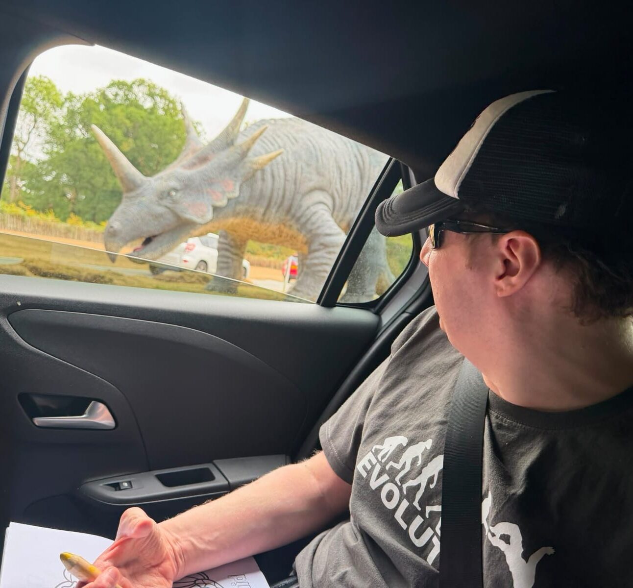 Alex is pictured in the back seat of a car. He is wearing a baseball cap and he is looking out the car window at a dinosaur.